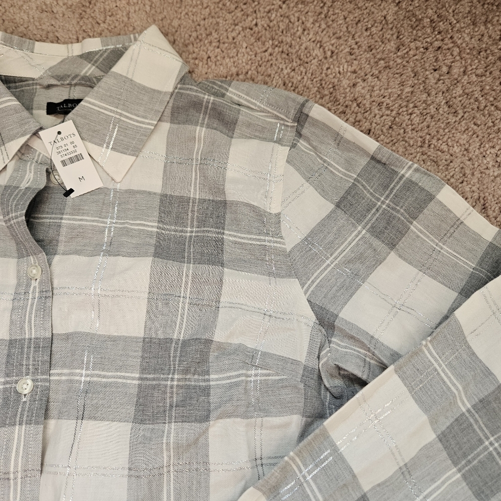 Talbots NWT Metallic Flannel Modern Classic Shirt Grey White Chimney Plaid M
